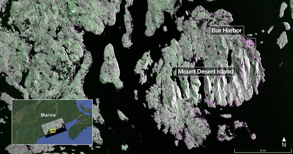 Imagem do radar de banda L do NISAR mostra a Ilha Mount Desert, no Maine. Verde indica floresta; magenta representa superfícies duras ou regulares, como solo descoberto e edifícios. A área magenta na extremidade nordeste da ilha é a cidade de Bar Harbor