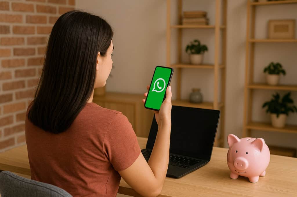 Jovem sentada em uma mesa de escritório com o celular no WhatsApp e um Piggy Bank na mesa