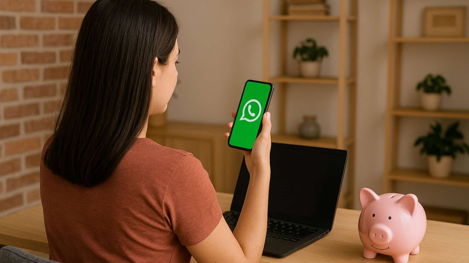 Mulher jovem sentada em mesa de escritório com o celular aberto no WhatsApp e um cofrinho de porquinho em cima da mesa