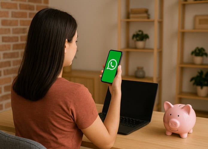 Mulher jovem sentada em mesa de escritório com o celular aberto no WhatsApp e um cofrinho de porquinho em cima da mesa