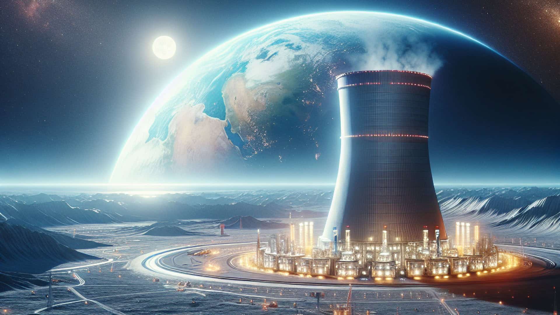 Usina nuclear em alta definição na Lua, com paisagem lunar vasta, tecnologia futurista e superfície prateada