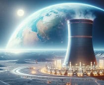 Usina nuclear em alta definição na Lua, com paisagem lunar vasta, tecnologia futurista e superfície prateada
