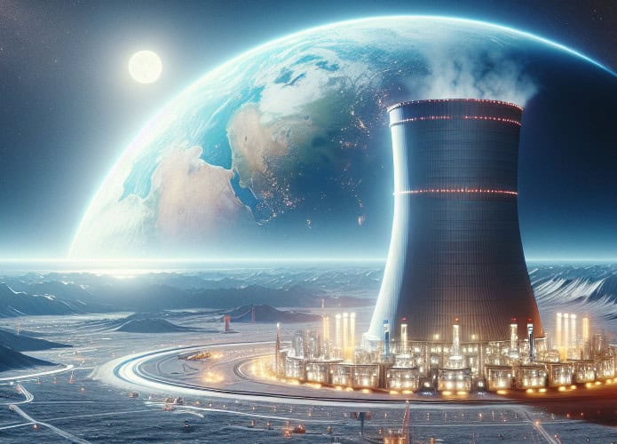 Usina nuclear em alta definição na Lua, com paisagem lunar vasta, tecnologia futurista e superfície prateada