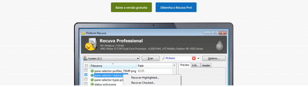Captura de tela da pagina do Recuva no site oficial do CCleaner