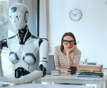 Ao fundo, mulher com a cabeça apoiada na mão, com cara de tédio, olhando para um robô, que está à frente, trabalhando em um computador