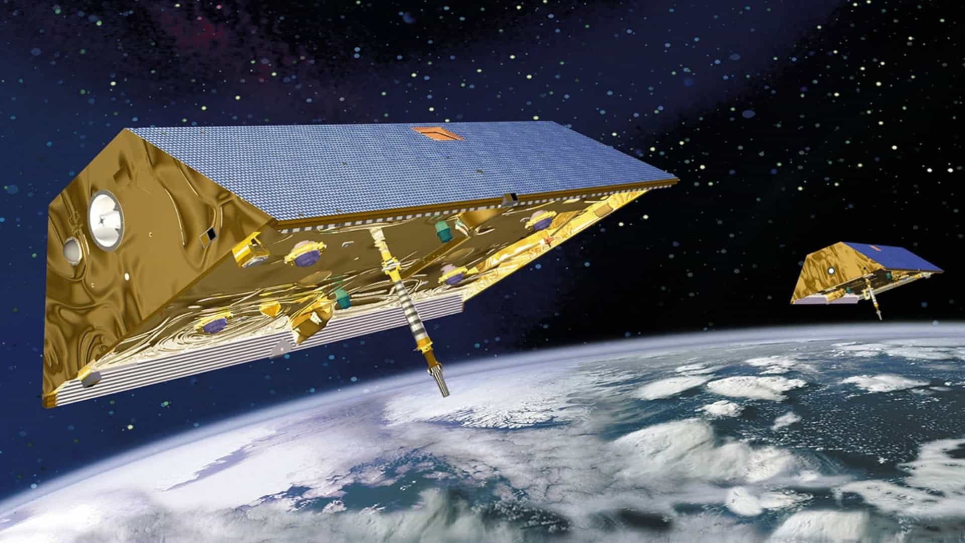 Representação artística dos satélites Grace no espaço