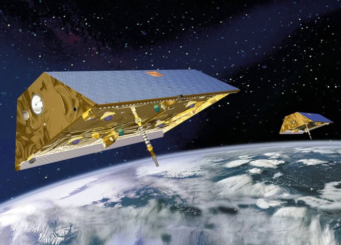 Representação artística dos satélites Grace no espaço