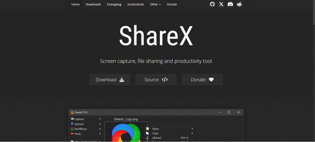 Captura de tela do site do app ShareX para download do utilitário para Windows