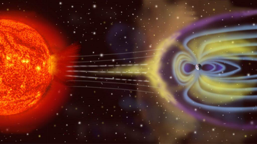 Representação artística de partículas de vento solar interagindo com a magnetosfera da Terra.
