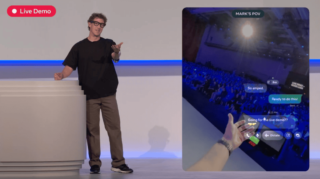 Mark Zuckerberg demonstrando o uso do Ray-Ban Meta Display