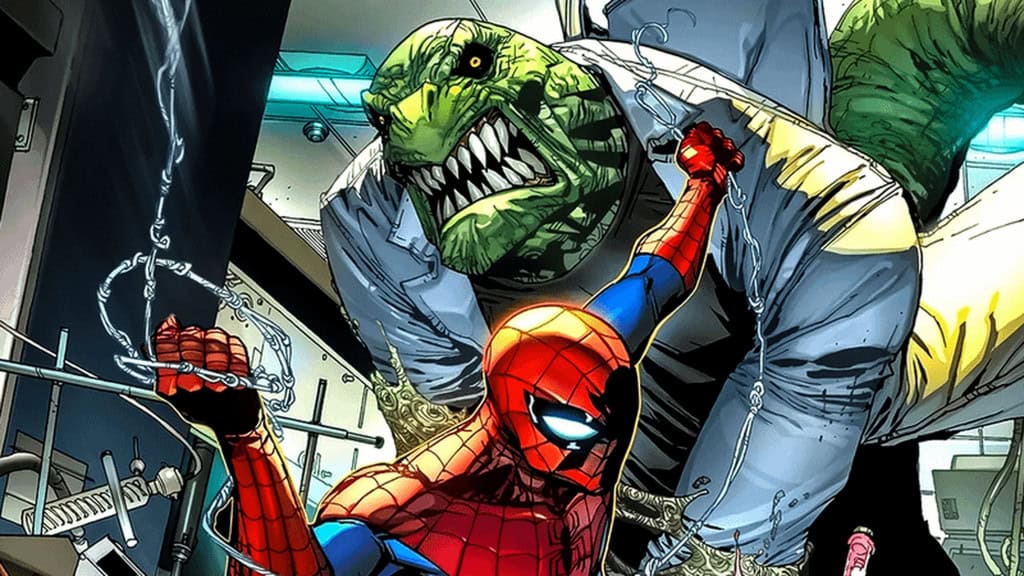 O vilão Lagarto luta com Homem-Aranha em cena dos quadrinhos