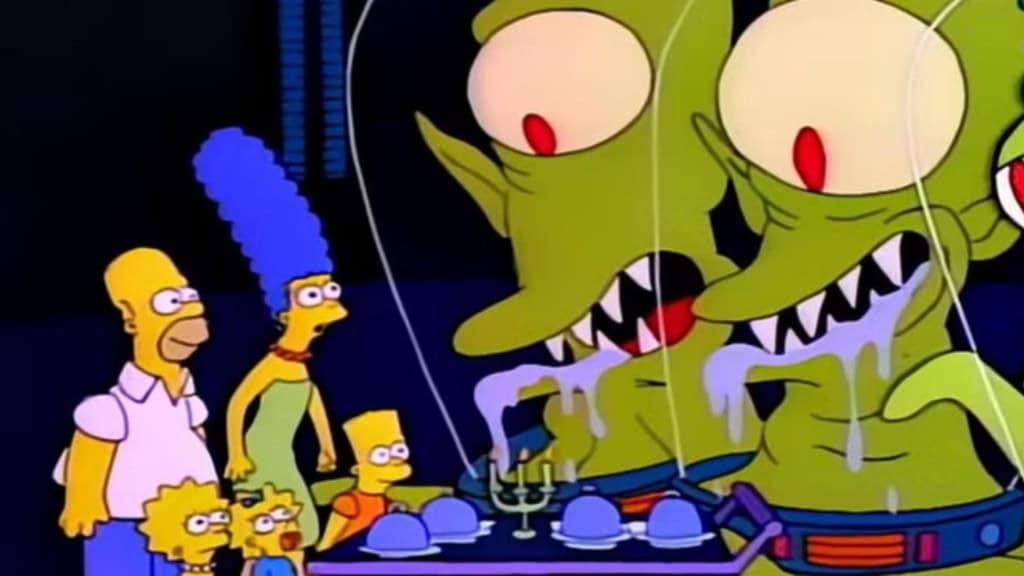 Família Simpson em frente a Kang e Kodos