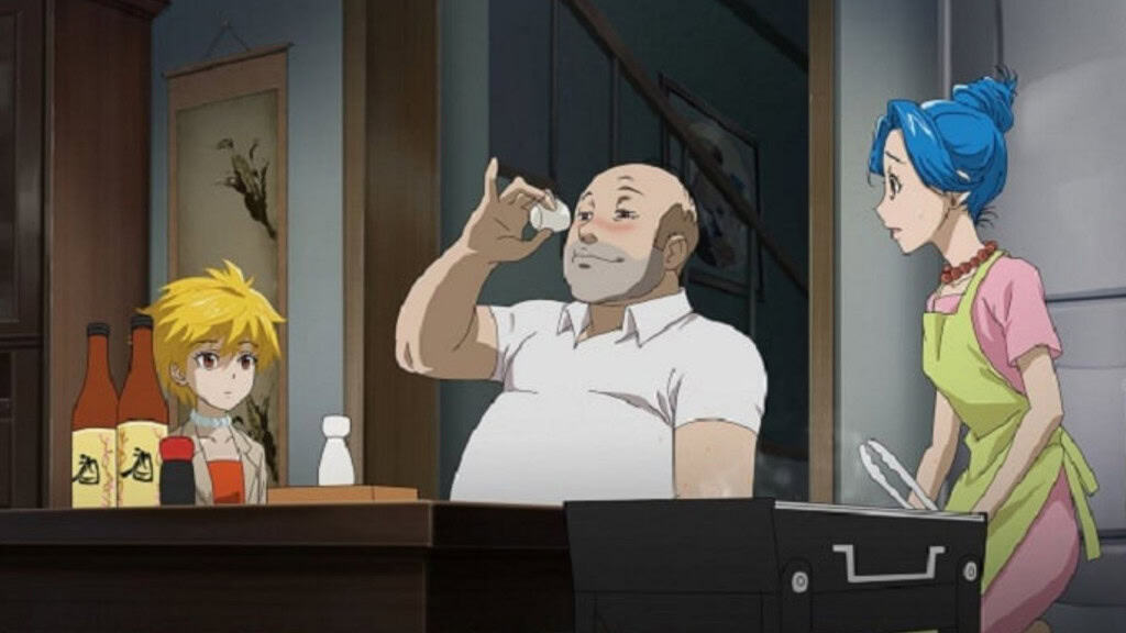 Lisa, Marge e Homer em animação estilo anime