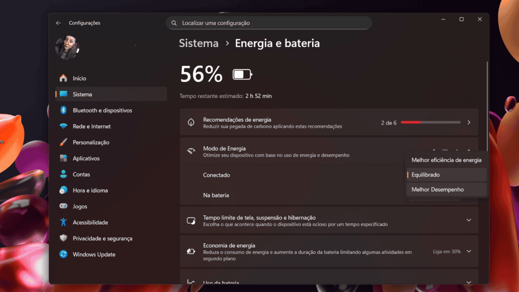Captura de tela com configuração do Windows 11