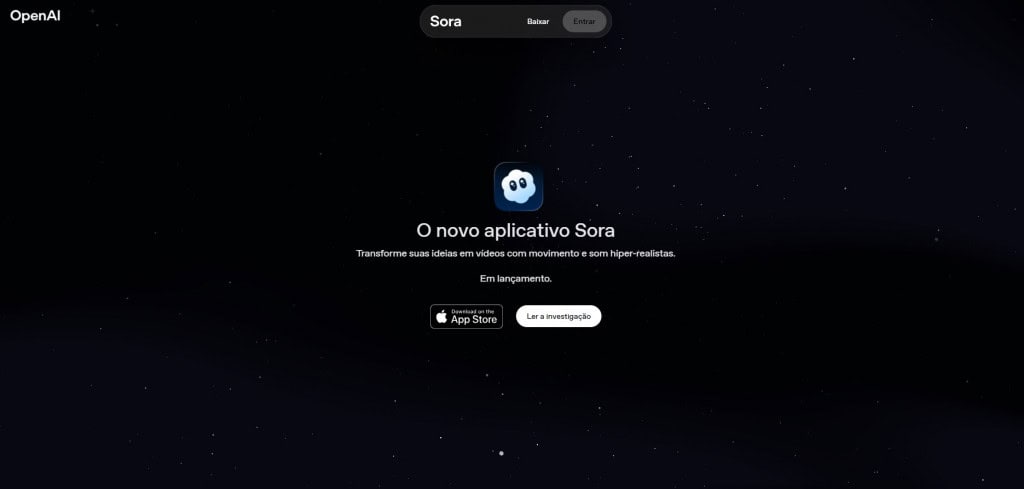 Página Open Ai para download do app Sora para Android e iOS