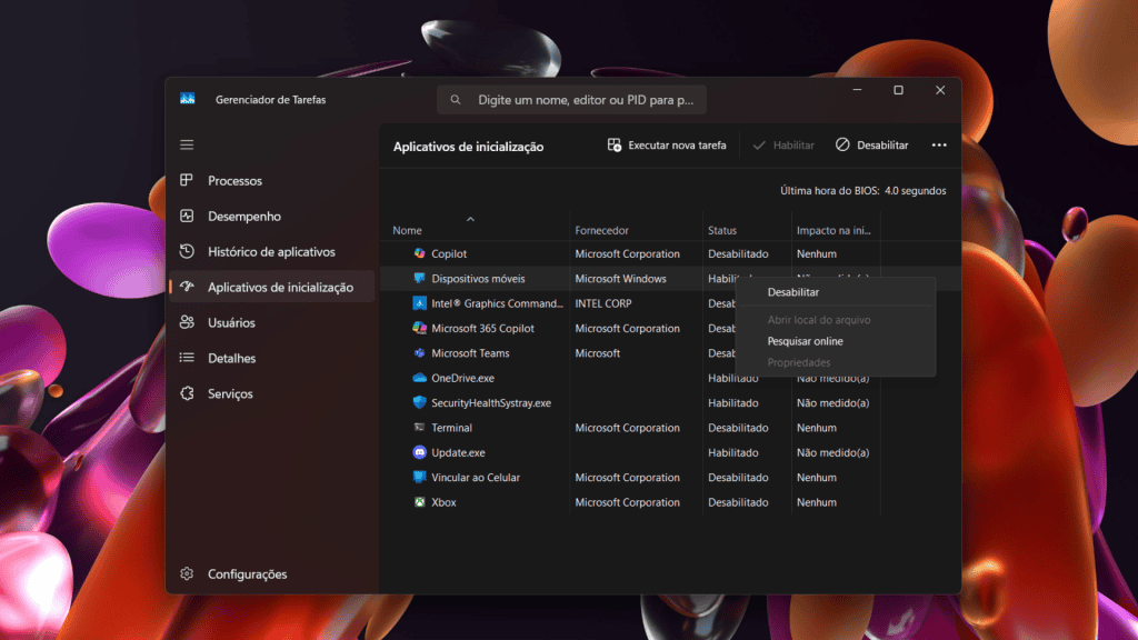 Captura de tela com configuração do Windows 11