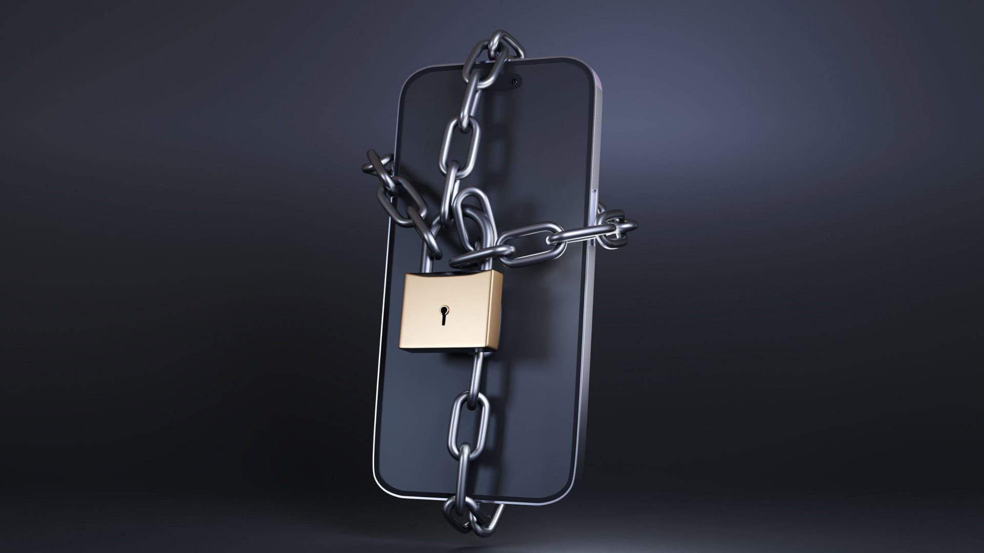 celular sobre fundo preto acorrentado e com cadeado