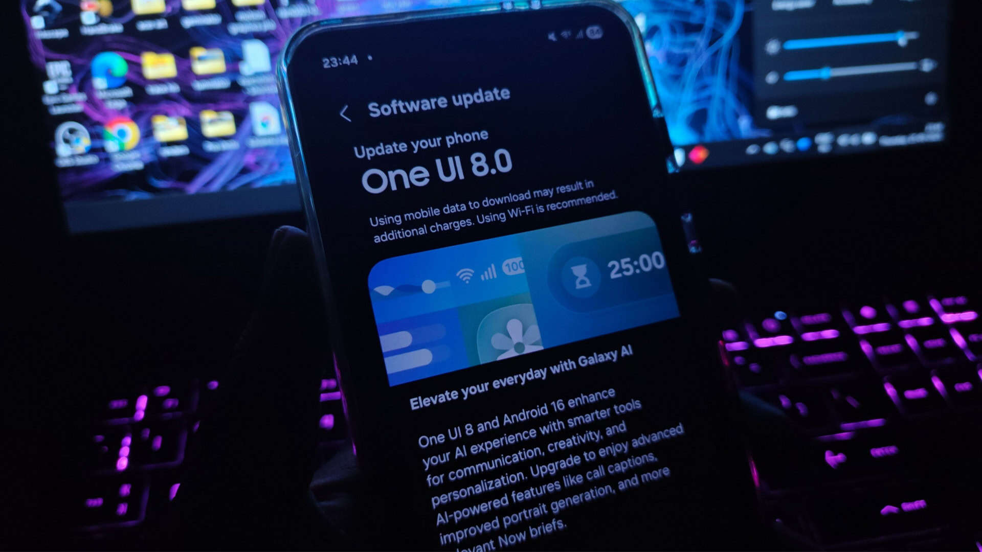 Bangalore, Índia - setembro de 2025: Imagem aproximada da atualização do software One UI 8.0 pronto para ser instalado em um Smartphone Samsung Galaxy Android. Atualização do sistema Android 16. Última atualização do Sistema Operacional.