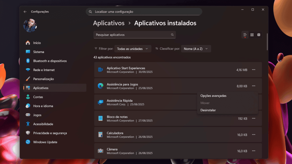 Captura de tela com configuração do Windows 11