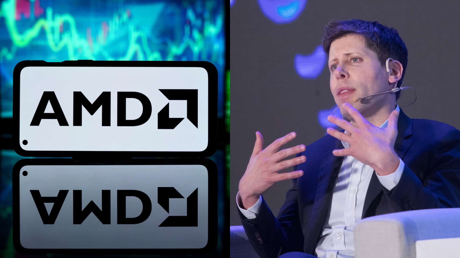 Montagem com fotos de celular com logotipo da AMD na tela e do CEO da OpenAI, Sam Altman, falando em evento