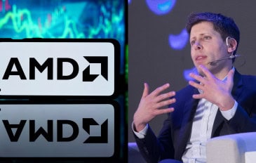 Montagem com fotos de celular com logotipo da AMD na tela e do CEO da OpenAI, Sam Altman, falando em evento