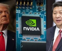 Montagem com imagens de Donald Trump, Xi Jinping e chip da Nvidia