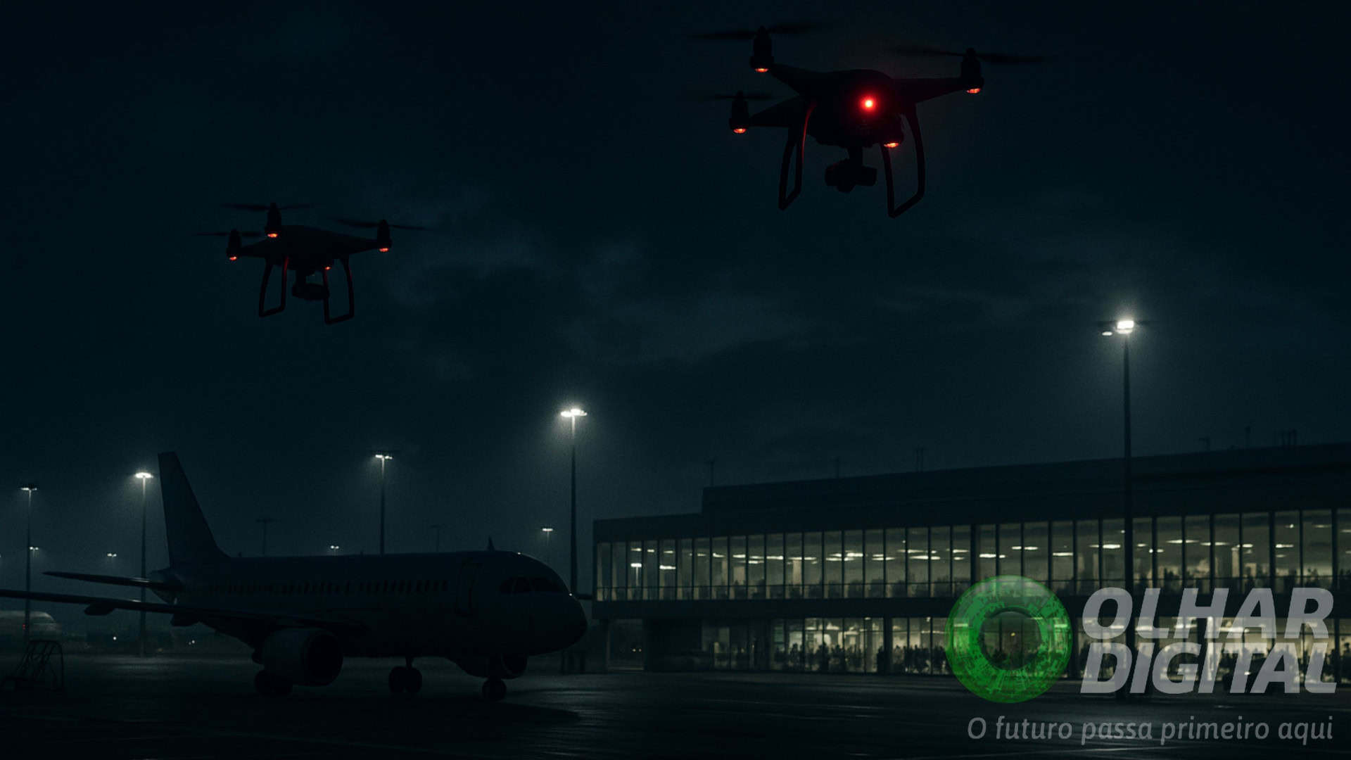 Drones sobrevoando pista de aeroporto na Alemanha, na Europa
