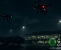 Drones sobrevoando pista de aeroporto na Alemanha, na Europa