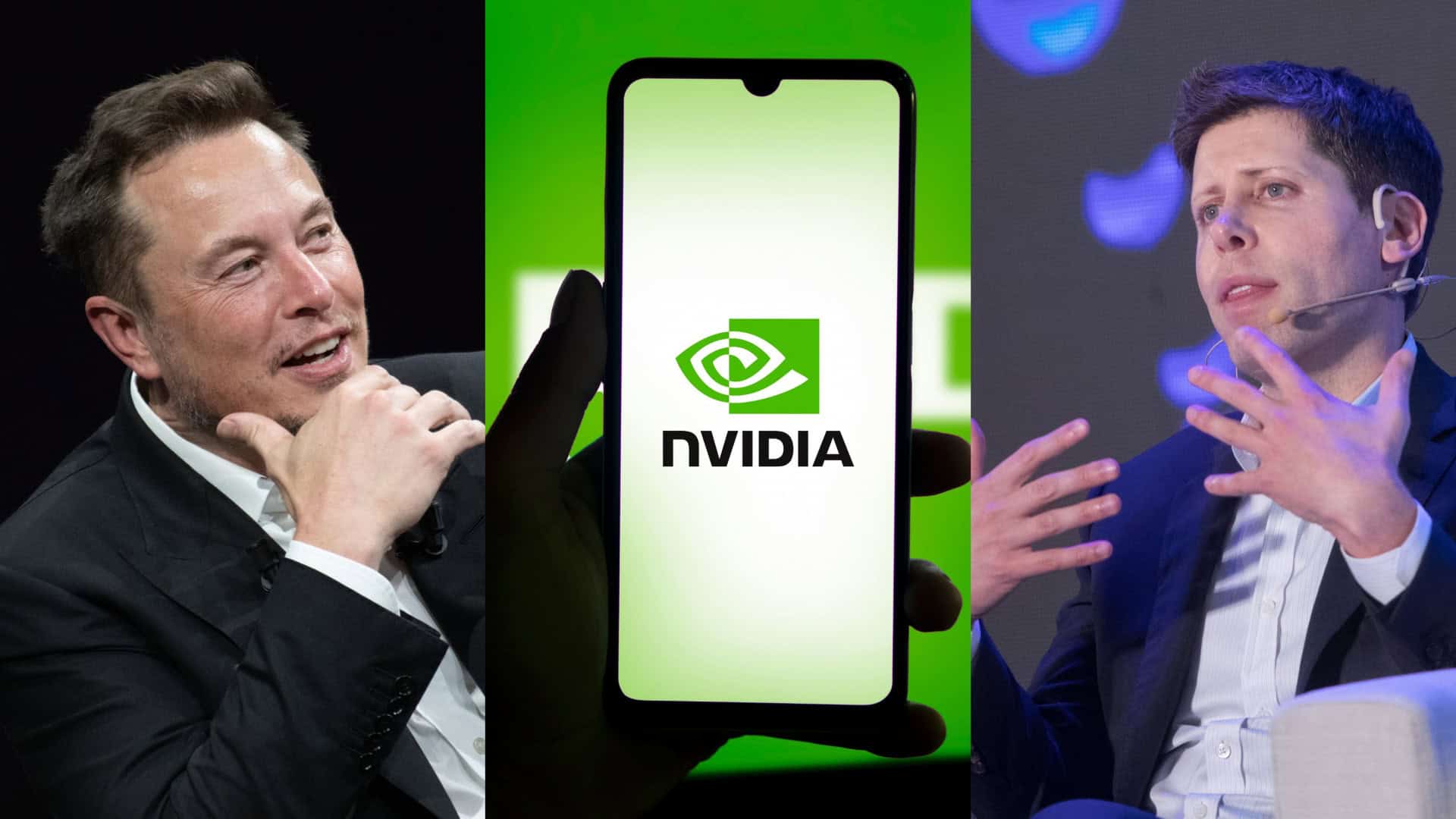 Montagem com fotos de Elon Musk, de pessoa segurando celular com logotipo da Nvidia na tela e do CEO da OpenAI, Sam Altman