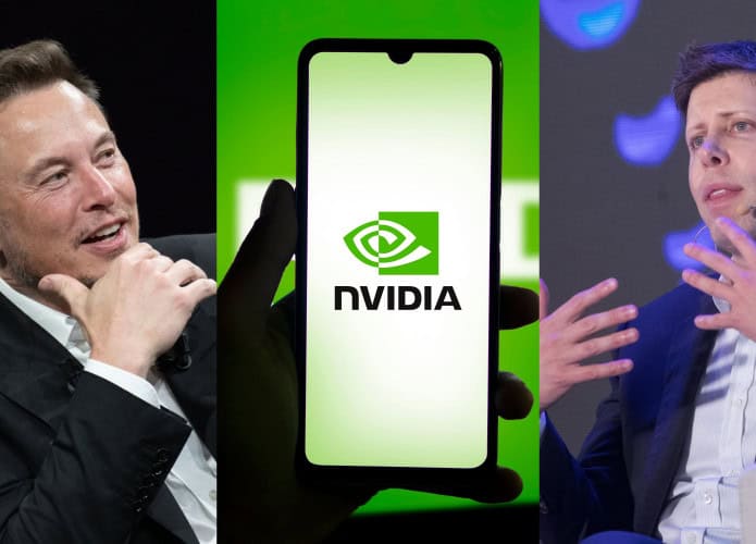 Montagem com fotos de Elon Musk, de pessoa segurando celular com logotipo da Nvidia na tela e do CEO da OpenAI, Sam Altman