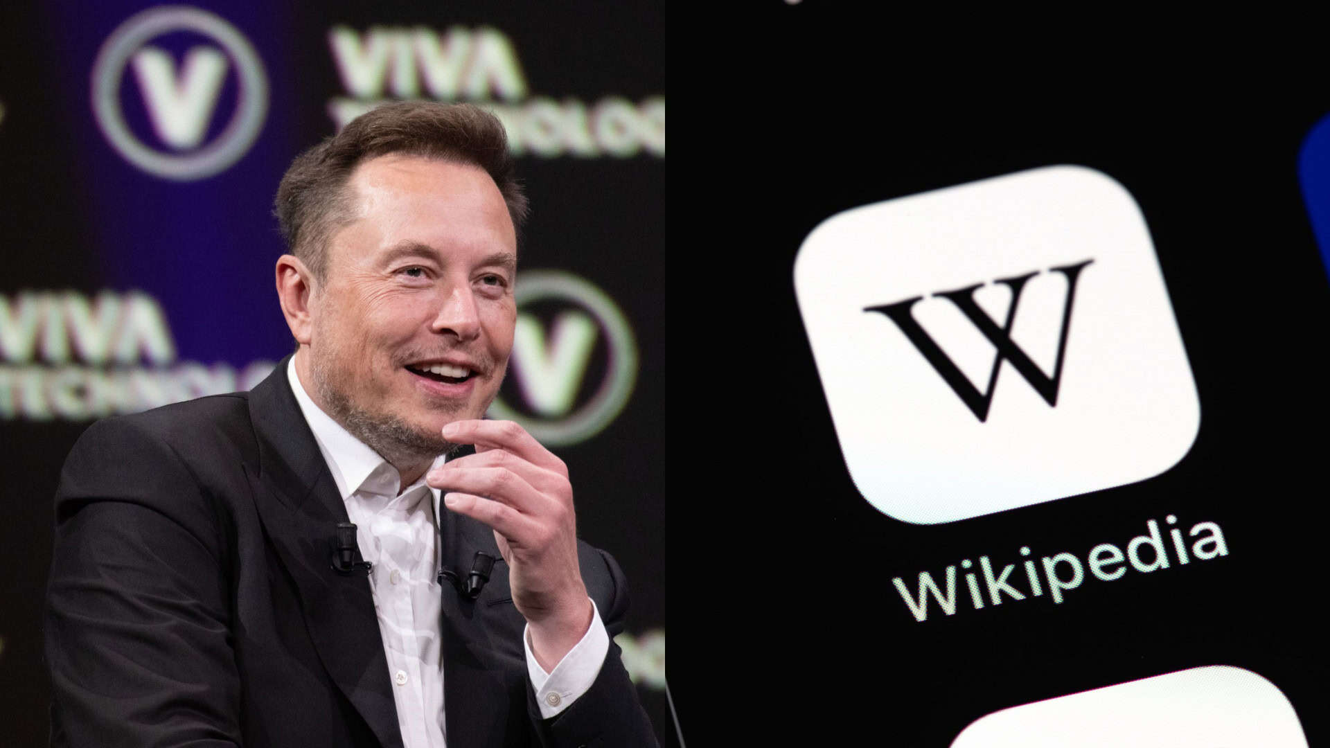 Montagem com fotos de Elon Musk e do ícone do aplicativo da Wikipédia num iPhone