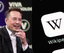 Montagem com fotos de Elon Musk e do ícone do aplicativo da Wikipédia num iPhone