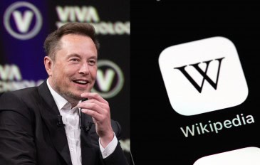 Montagem com fotos de Elon Musk e do ícone do aplicativo da Wikipédia num iPhone