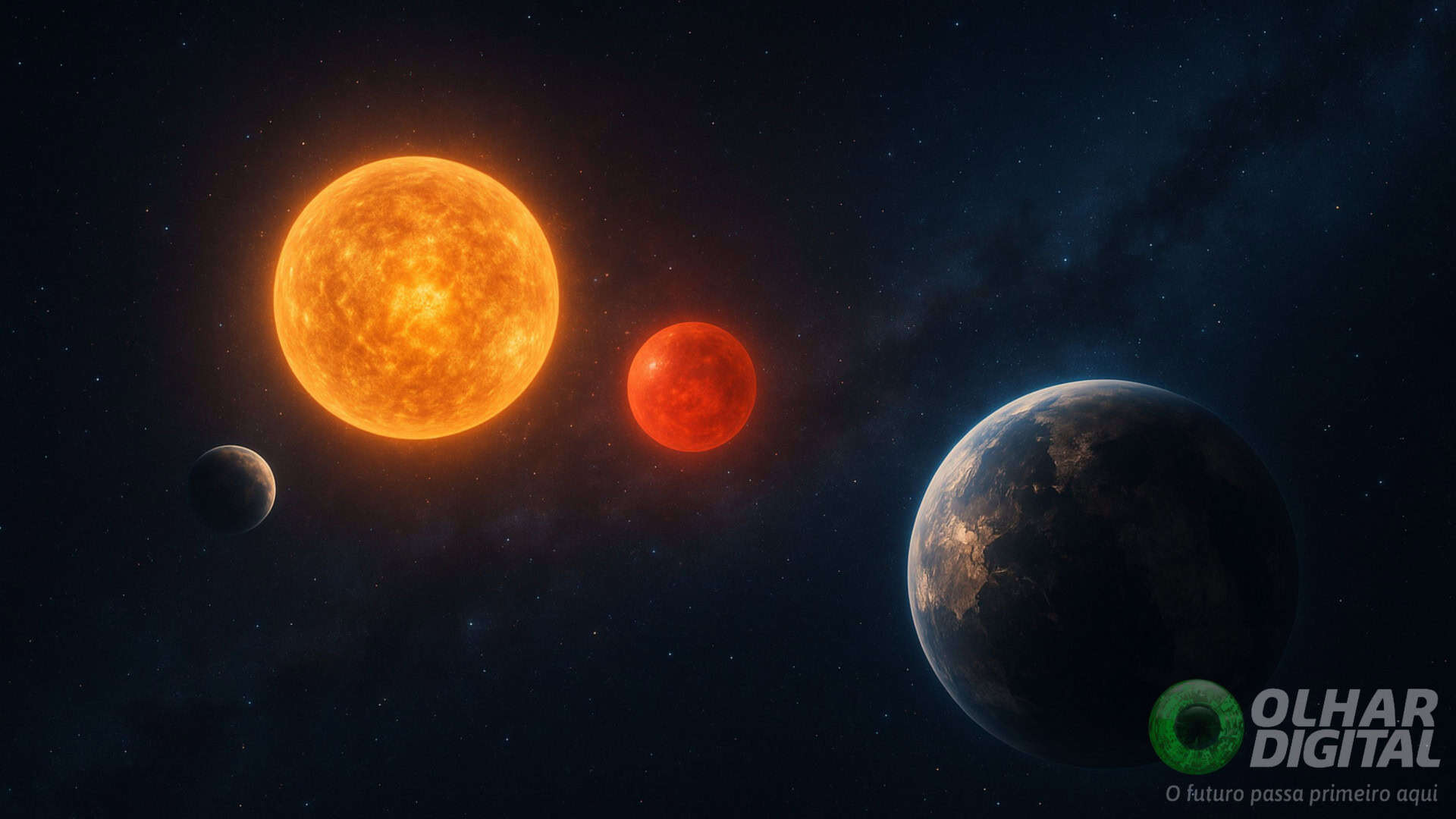 Ilustração de exoplanetas parecidos com a Terra orbitando duas estrelas parecidas com o Sol