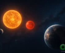 Ilustração de exoplanetas parecidos com a Terra orbitando duas estrelas parecidas com o Sol