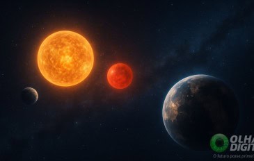 Ilustração de exoplanetas parecidos com a Terra orbitando duas estrelas parecidas com o Sol