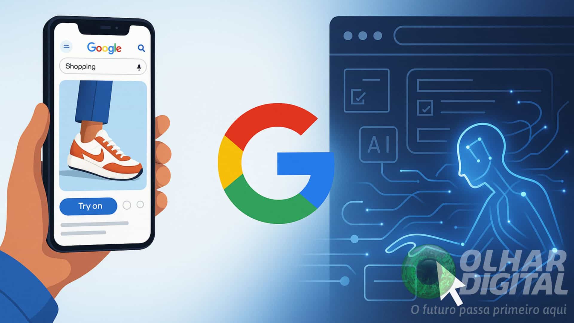 Ilustração de tênis em vitrine virtual e IA do Google que usa navegadores