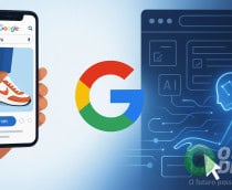 Ilustração de tênis em vitrine virtual e IA do Google que usa navegadores