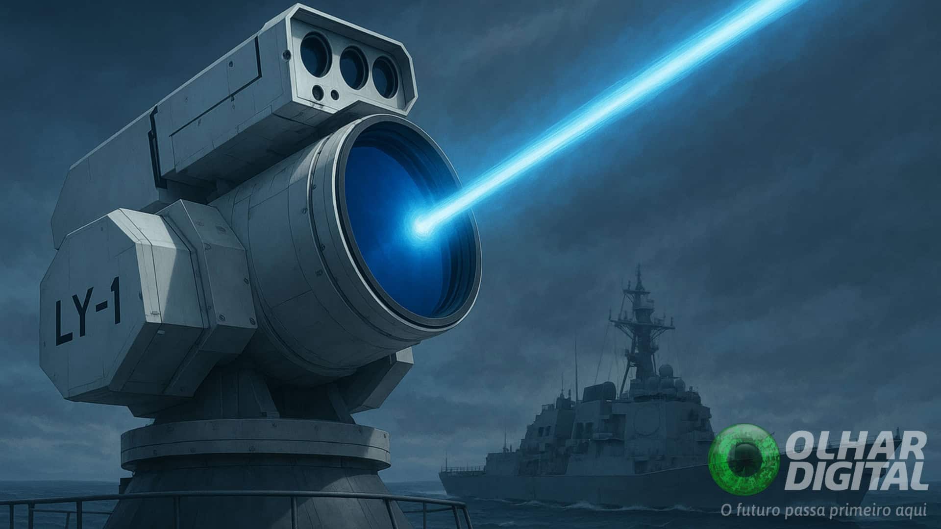 Ilustração de disparo da arma a laser LY-1, da China, em navio de guerra