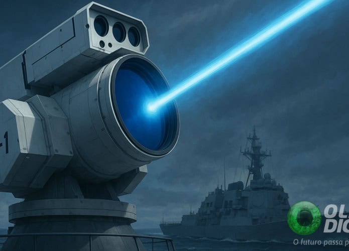 Ilustração de disparo da arma a laser LY-1, da China, em navio de guerra