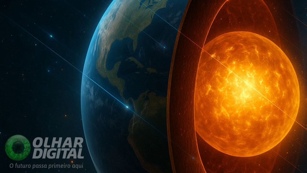 Ilustração de planeta Terra cortado no meio mostrando núcleo da Terra e partículas de matéria escura