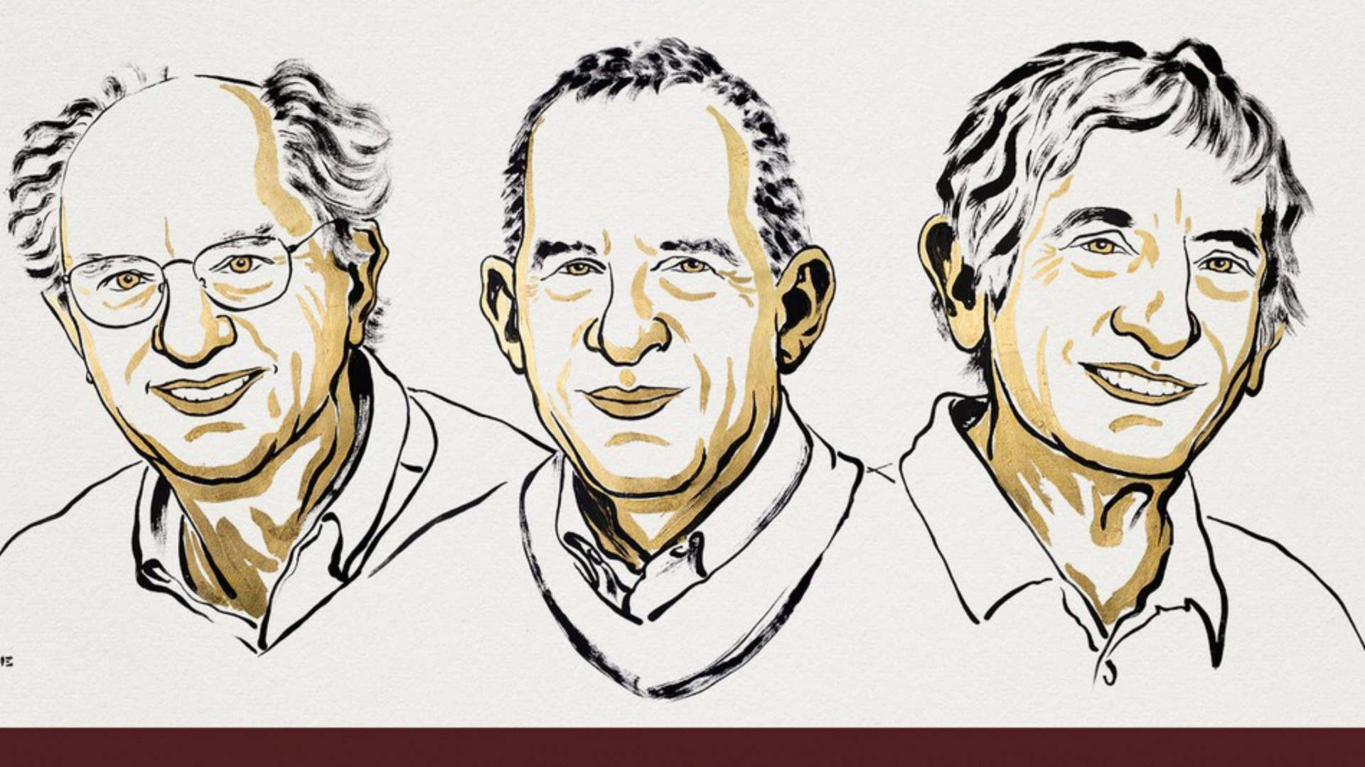 Ilustração de retratos de John Clarke, Michael H. Devoret e John M. Martinis, vencedores do Prêmio Nobel de Física de 2025