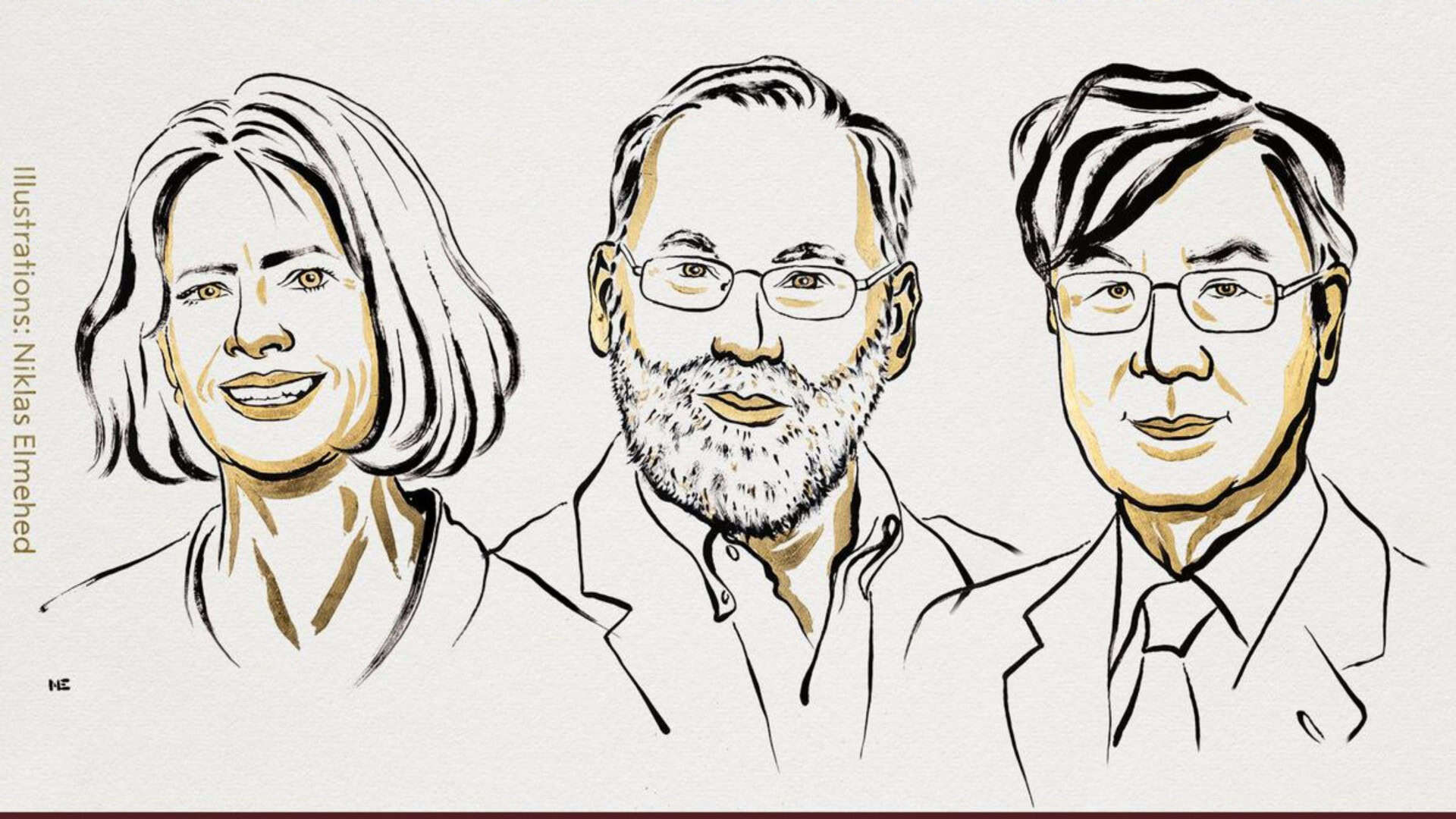 Ilustração de retratos dos três ganhadores do Nobel de Medicina de 2025