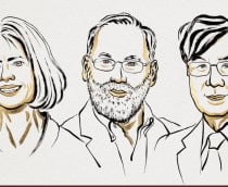 Ilustração de retratos dos três ganhadores do Nobel de Medicina de 2025