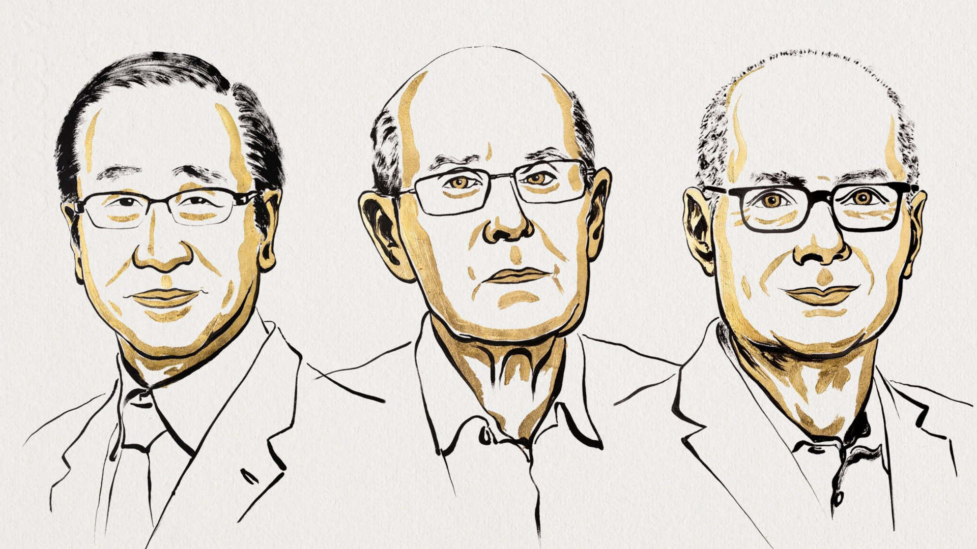 Ilustração de retratos de Susumu Kitagawa, Richard Robson e Omar Yaghi, vencedores do Prêmio Nobel de 2025