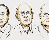Ilustração de retratos de Susumu Kitagawa, Richard Robson e Omar Yaghi, vencedores do Prêmio Nobel de 2025