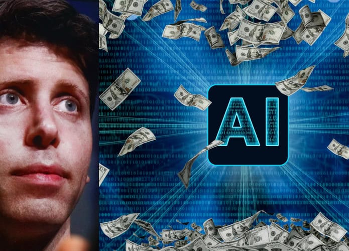 Montagem com imagem do CEO da OpenAI, Sam Altman, olhando para o lado e ilustração de dinheiro sendo arremessado em inteligência artificial (IA)