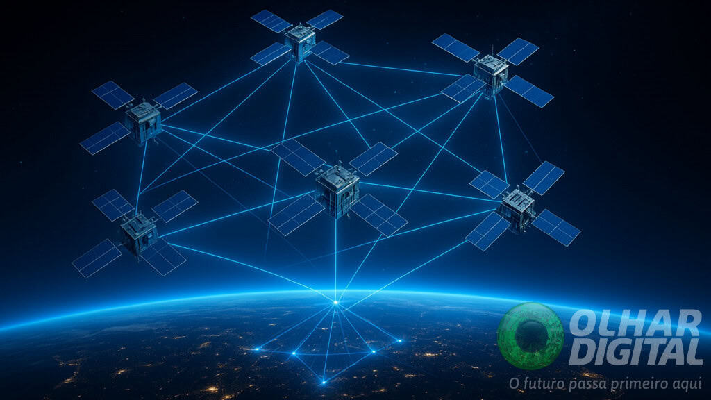Ilustração de rede de satélites compondo supercomputador e data center de IA da China no espaço