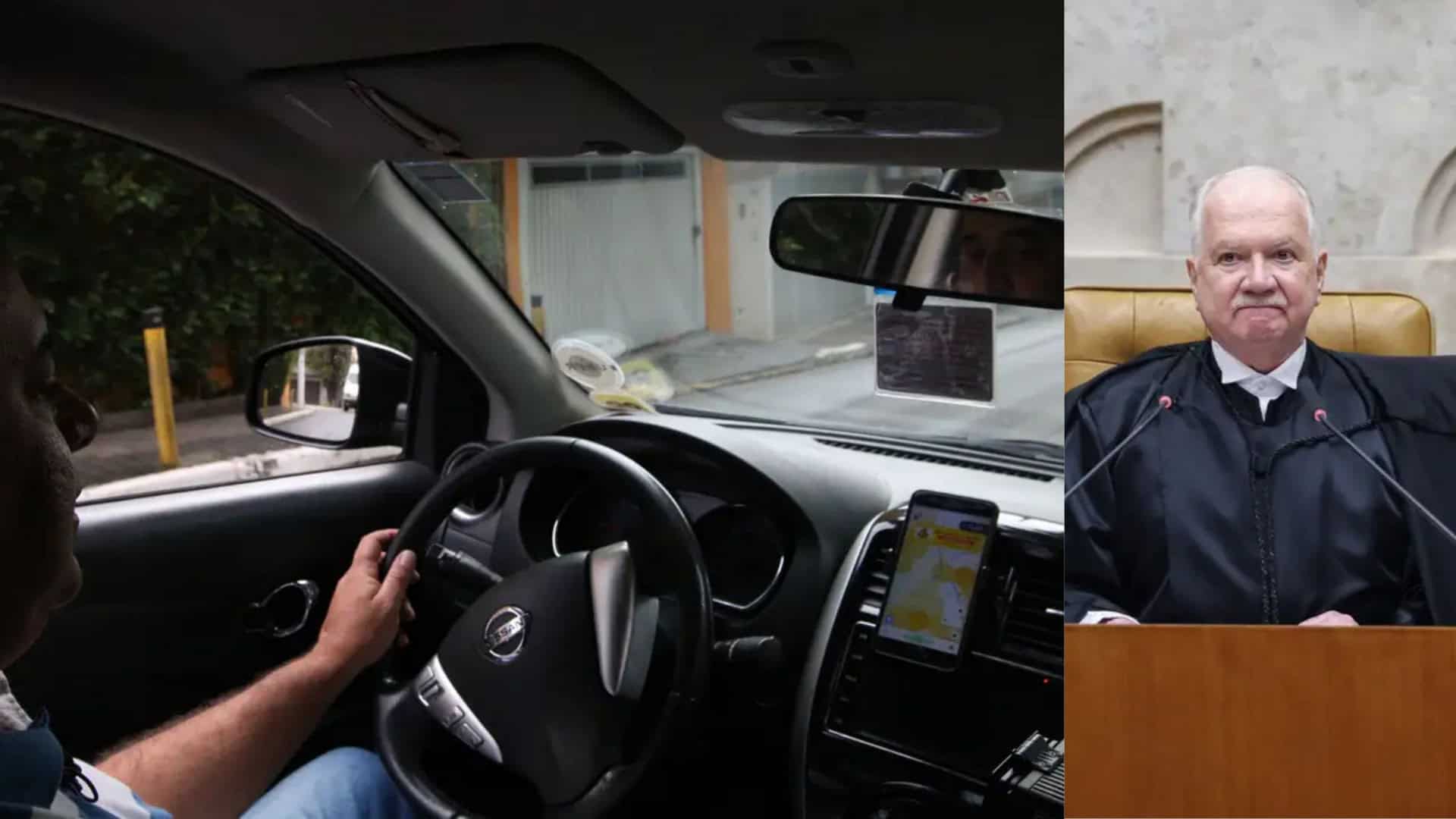 Montagem com fotos de motorista de aplicativo dirigindo carro e do ministro do STF Edson Fachin