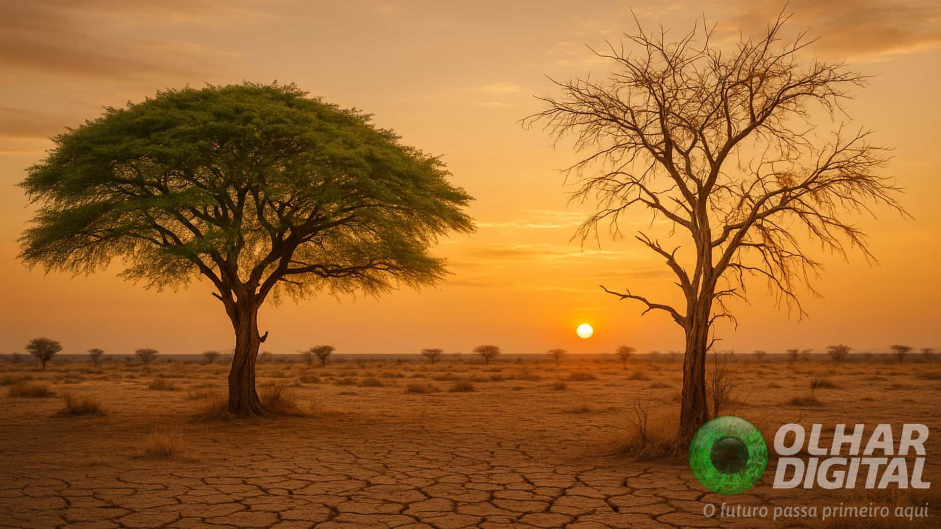 Ilustração de duas árvores acácia, uma com a copa verde e a outra seca, na savana afriacana